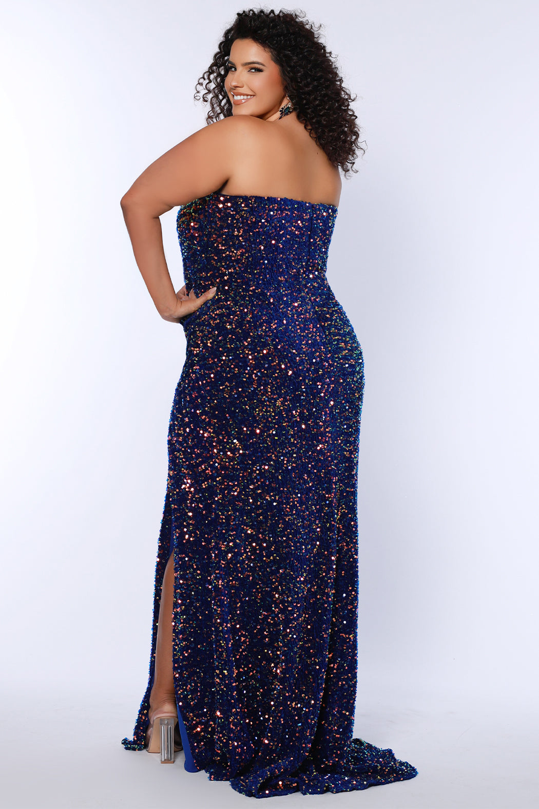 Sydneys Closet SC7420 Velvet Sequins Plus Sized Formal Dress Strapless Sweetheart Neckline Basque Waistline