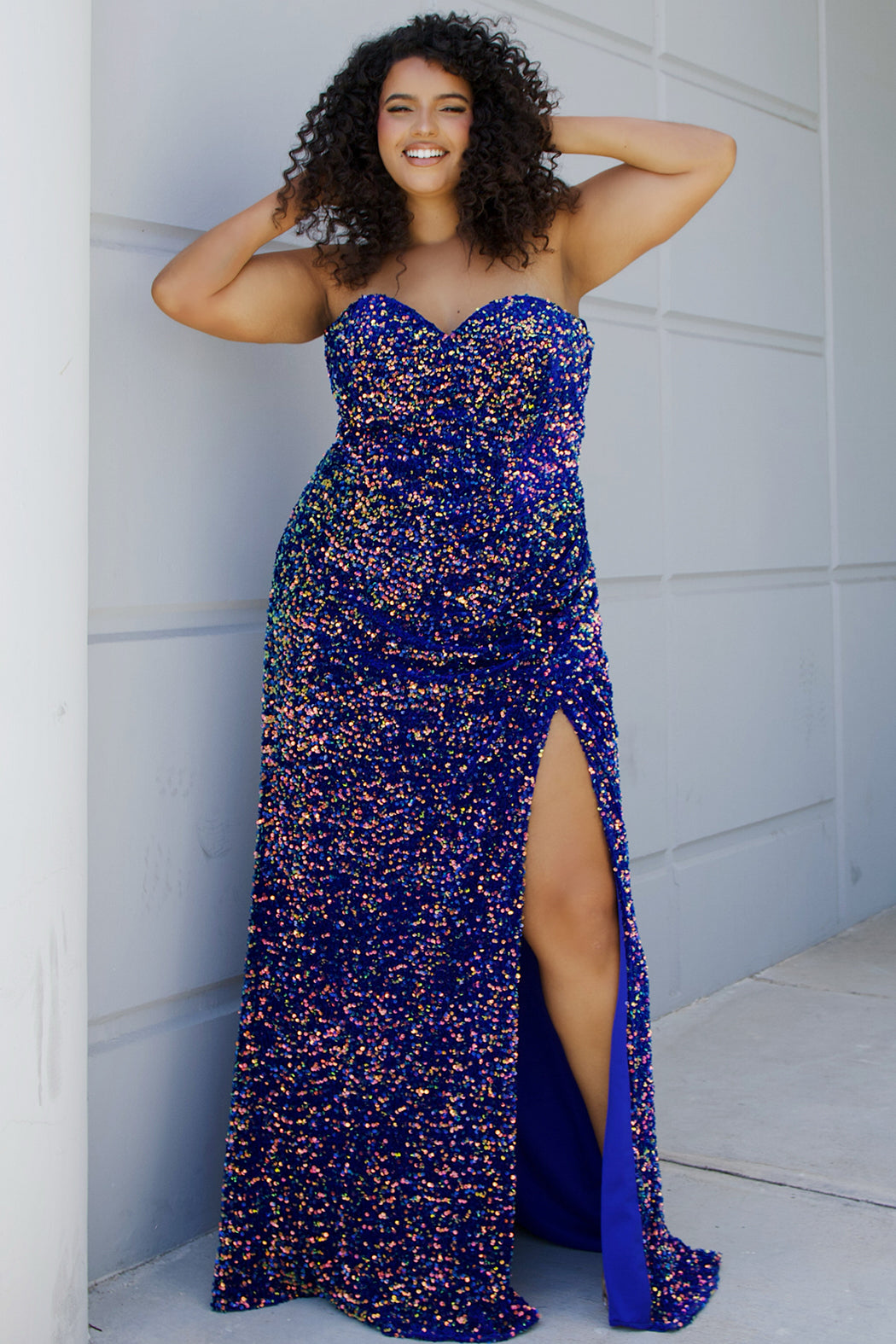 Sydneys Closet SC7420 Velvet Sequins Plus Sized Formal Dress Strapless Sweetheart Neckline Basque Waistline