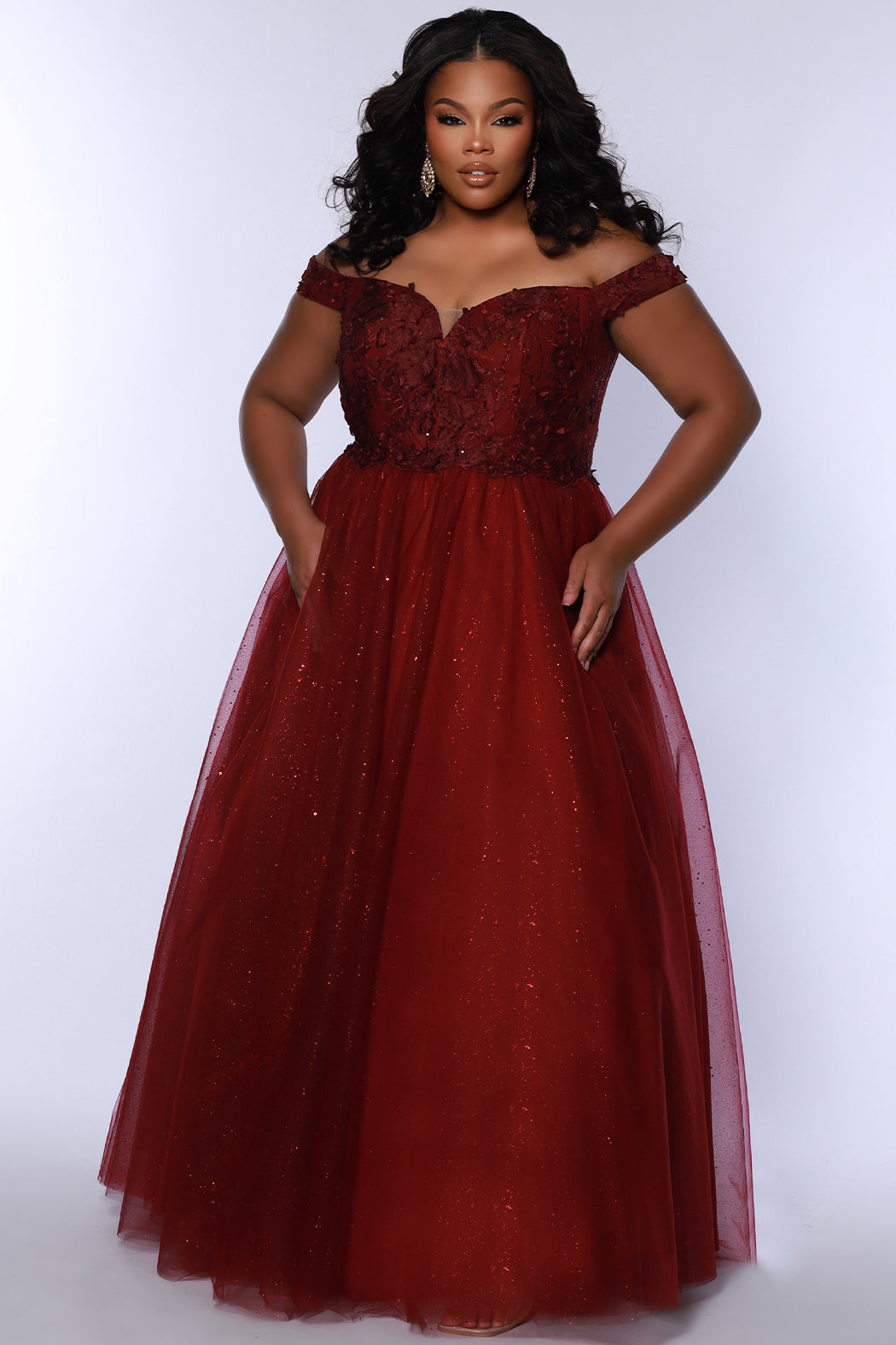 Sydneys Closet SC7428 Plus Sized Ballgown Prom Dress Off The Shoulder Glitter Tulle Long 3D Floral Lace 14 / Burgundy Sydneys Closet SC7428 Plus Sized Ballgown Prom Dress Off The Shoulder Glitter Tulle Long 3D Floral Lace 14 / Burgundy