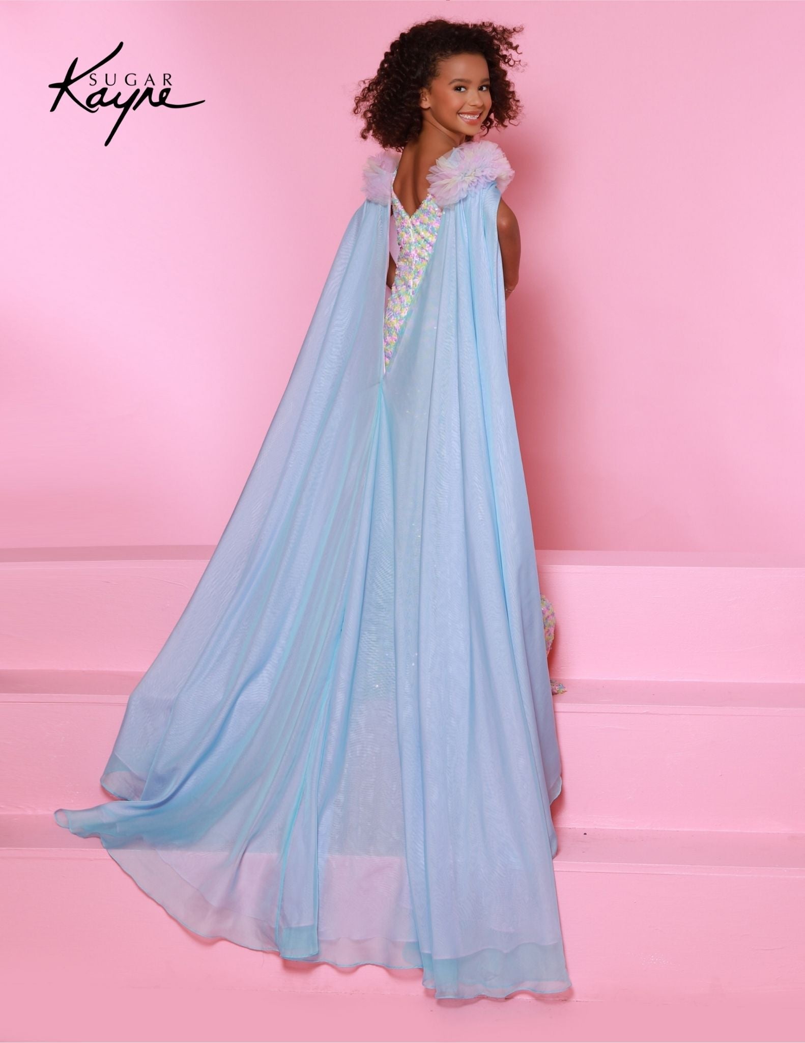 Sugar Kayne C341 Size 8 Aqua Girls Pageant Sequin Jumpsuit Ruffle Slee