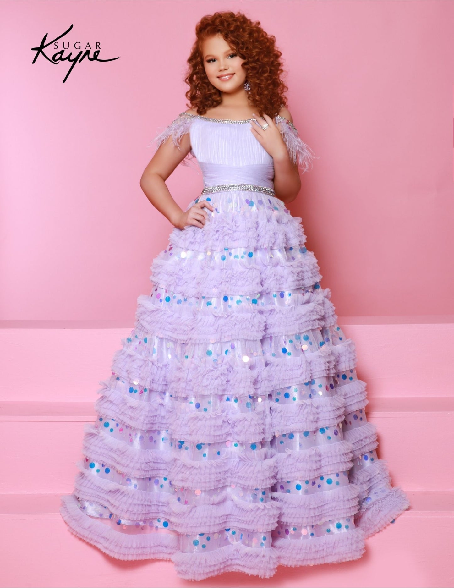 Sugar Kayne C342 is a long layered ruffled A-line ballgown designed specifically for preteen girls who want to make a statement. This one of a kind dress features off-shoulder details and feathers for an added touch of elegance. Perfect for any pageant or special occasion. Dress like the true princess you are! This enchanting mesh ballgown featuring ruffles on the skirt is designed to make you shine bright on the stage!