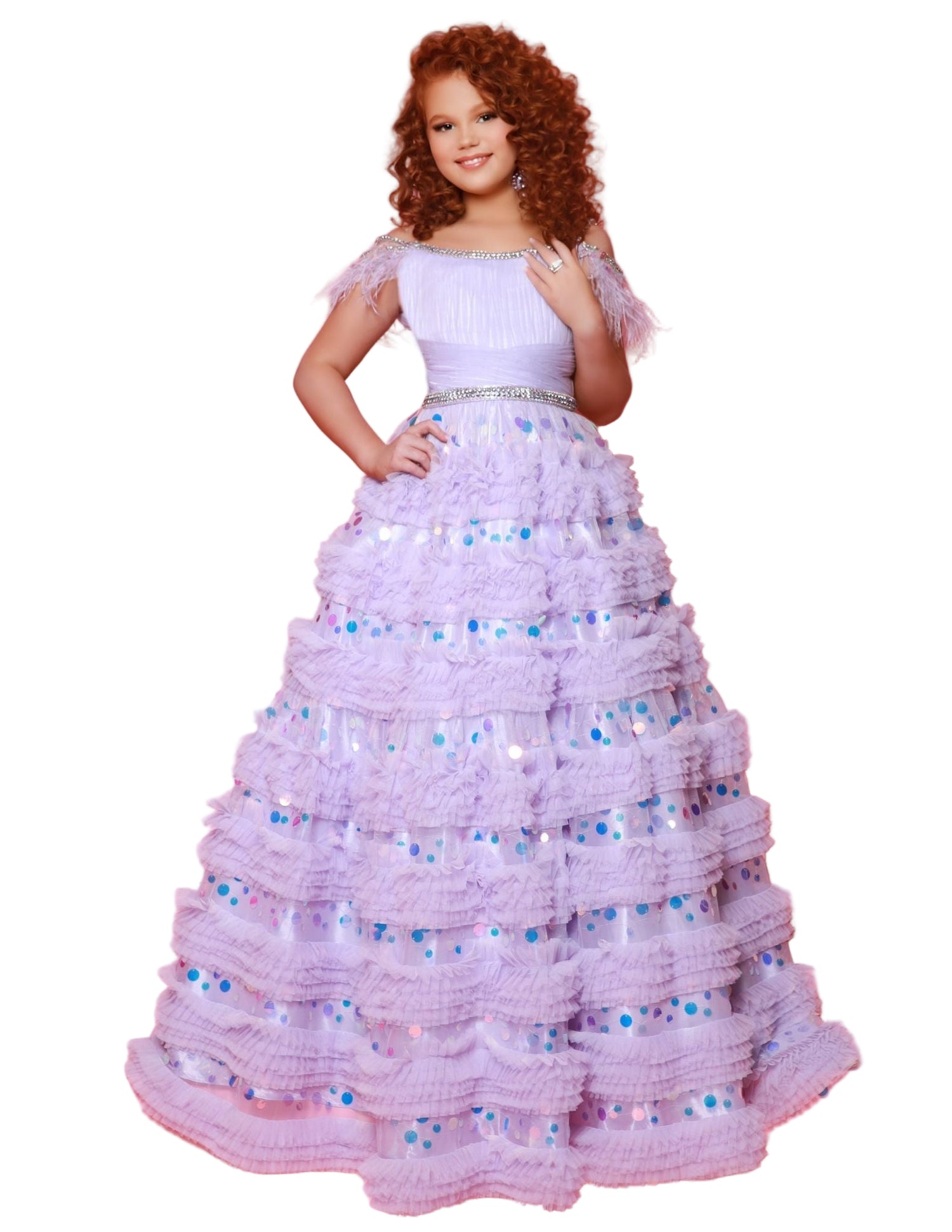 Sugar Kayne C342 is a long layered ruffled A-line ballgown designed specifically for preteen girls who want to make a statement. This one of a kind dress features off-shoulder details and feathers for an added touch of elegance. Perfect for any pageant or special occasion. Dress like the true princess you are! This enchanting mesh ballgown featuring ruffles on the skirt is designed to make you shine bright on the stage!