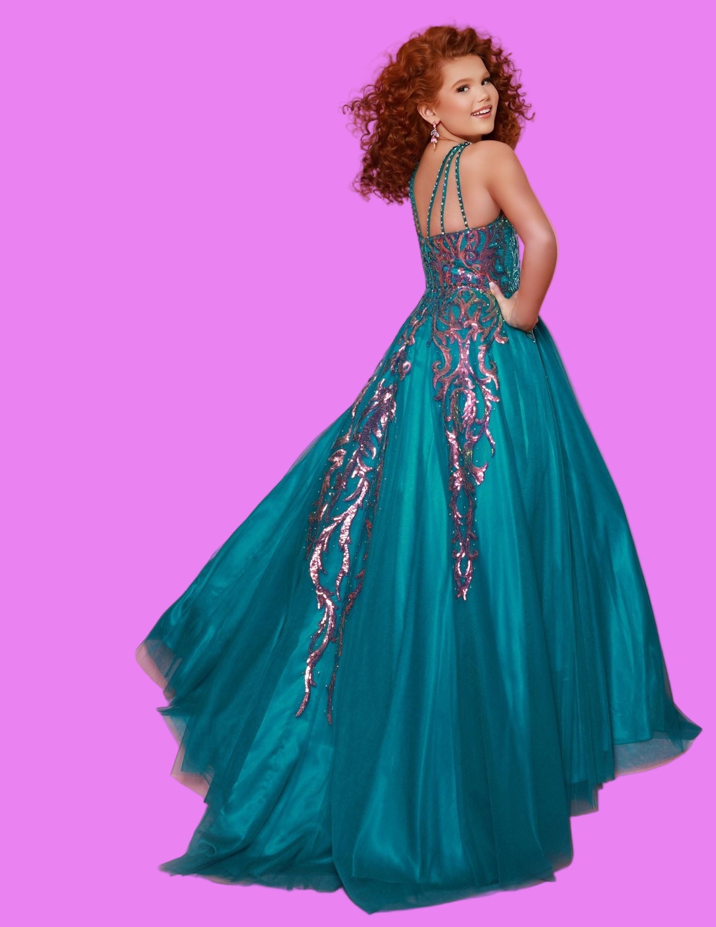 This Sugar Kayne C344 Preteen Pageant Dress is the perfect choice for any special occasion. The dress features a halter neckline, a glittering sequin bodice, and an A-line skirt. Its classic design and streamlined silhouette bring a timeless elegance to any event.&nbsp;Glittering Grace! This Sequin Mesh Ballgown and halter-style neckline ensure you will captivate the audience with grace and style!

Color:&nbsp;Jade, Magenta, Sky Blue

Size:&nbsp;2, 4, 6, 8, 10, 12, 14, 16

Fabric:&nbsp;Mesh, Sequin Mesh, Sa