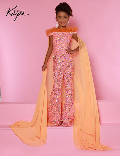 Sugar Kayne C346 Size 12 Neon Pink Girls Pageant Jumpsuit Bell Bottom Feathers Sequin Cape Fun Fashion Shimmer Sugar Kayne C346 Size 12 Neon Pink Girls Pageant Jumpsuit Bell Bottom Feathers Sequin Cape Fun Fashion Shimmer