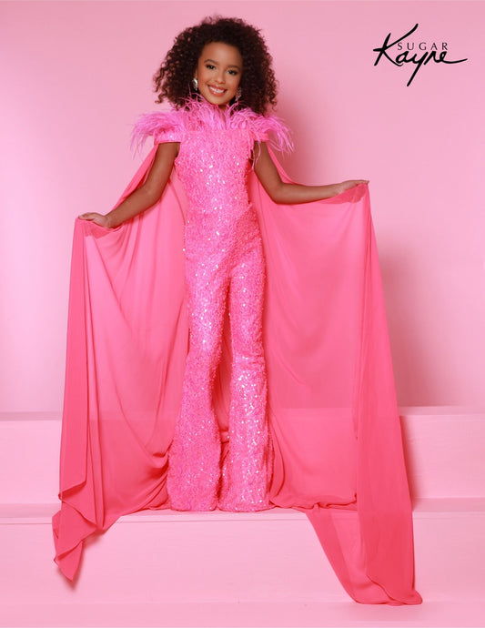 Introducing Sugar Kayne C346 Girls Jumpsuit, made with comfortable bell bottoms and covered top with beautiful feathers and sequins. With shimmery fashion, this is the perfect outfit for an eye-catching pageant look. Create a world of fun and feathers in this Sequin Stretch Mesh Jumpsuit. The dazzling sequins, dramatic cape, and feathered flair put the FUN in Fun Fashion!