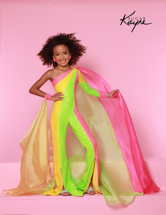 The Sugar Kayne C350 Girls Pageant Sequin Jumpsuit is an elegant choice for special occasions. Constructed with a one shoulder design and dazzling sequins, this detachable cape will ensure that your preteen stands out from the crowd. Long sleeve styling adds sophistication. Take the stage by storm in this bold and beautiful jumpsuit. The one sleeve design, paired with colorful sequins and a detachable cape, ensures that you will radiant confidence and style on stage!