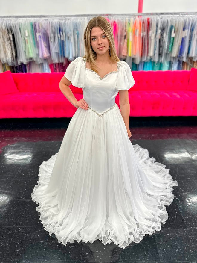 Samantha Blake 1126 Size 16 White Girls Pageant Dress Ruffle Cap Sleeve A Line Gown Satin Bodice Formal