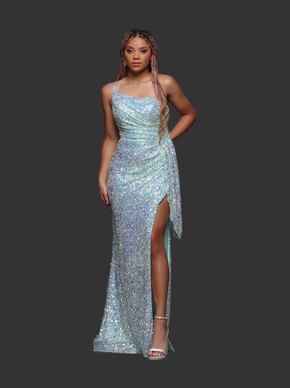 The Candice Wang 72346 prom dress boasts stunning sequins, a one shoulder design, and a high slit for an elegant and alluring look. With a draped open back, this formal gown exudes sophistication and glamour. Step out in style and turn heads at your next special occasion.  Sizes: 4-12  Colors: Aqua