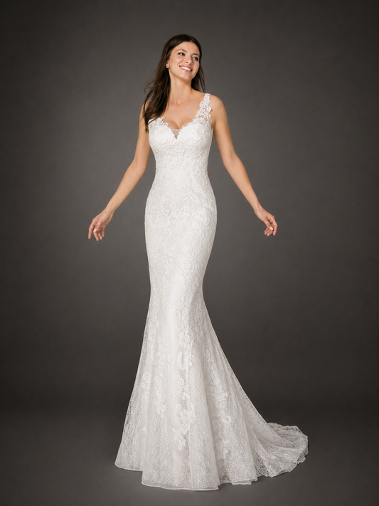 White One Bridal CHRIS is a long Lace Fitted Mermaid wedding Dress. Featuring a Plunging V neckline and sheer lace straps.

US SIZE 10 - OFF WHITE