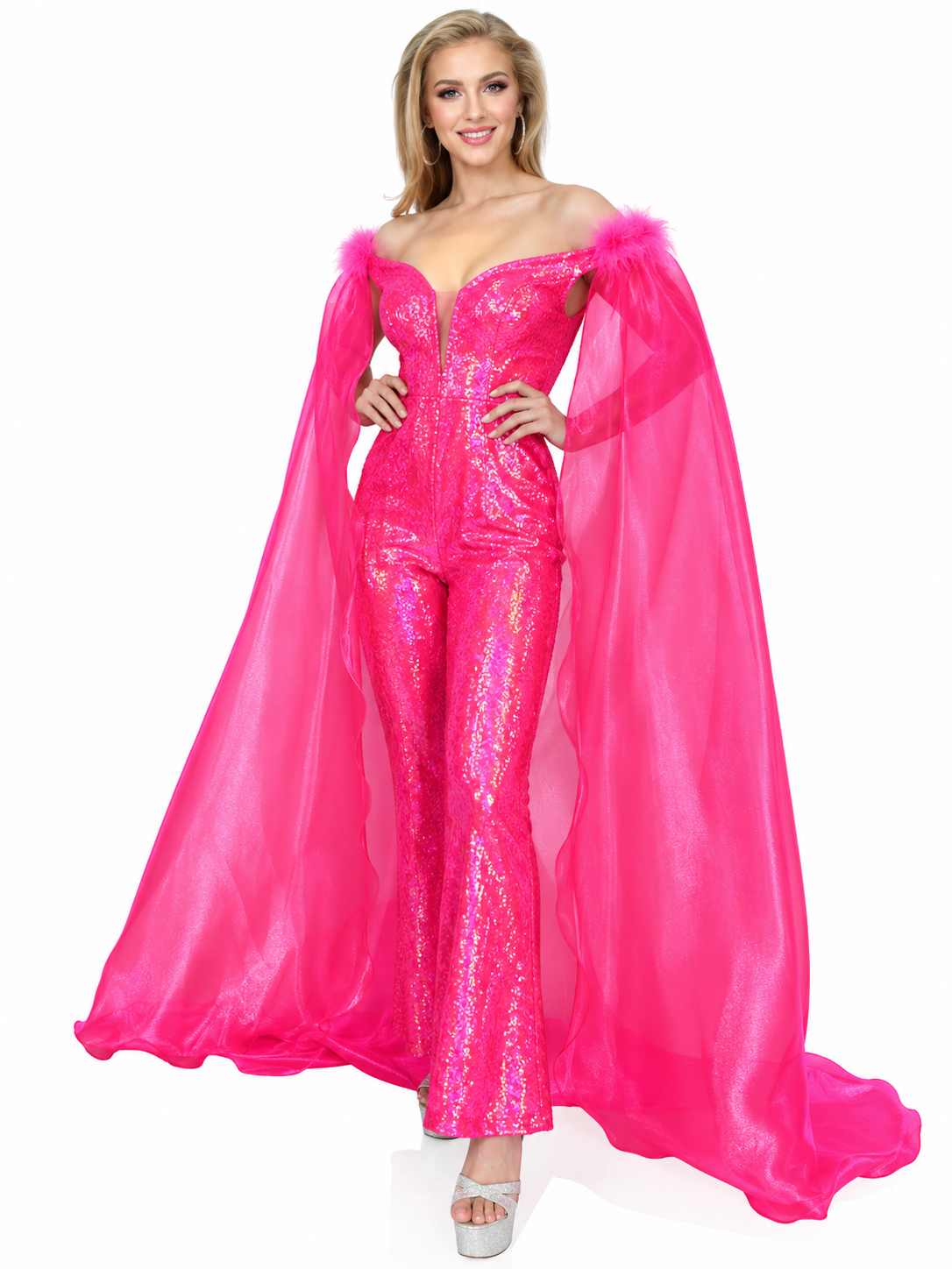 Marc Defang 8099 Size 12 Hot Pink Pageant Jumpsuit Cape Feathers