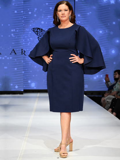 Marc Defang 8157 Size 16 Navy Scuba Cocktail Dress Flutter sleeve