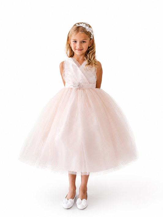Tip Top 5698 Size 4 Blush Flower Girl Dress Broach Tea length Tulle
