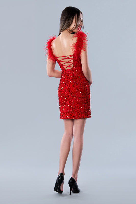 Stella Couture's 23700 dress offers the perfect combination of elegance and glamor. The classic red color is brought to life with sequin and feather detailing. The corset back brings an extra touch of sophistication. Perfect for homecoming or cocktail events!