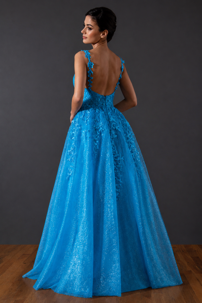Stella Couture 20058 Size 6 Blue Lace Prom Dress A Line Slit