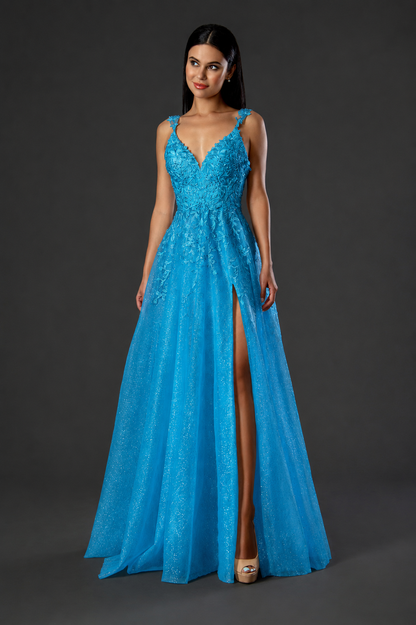 Stella Couture 20058 Size 6 Blue Lace Prom Dress A Line Slit