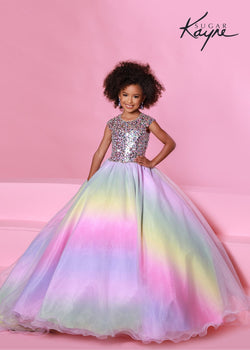 Sugar Kayne C180 This Rainbow Girls Pageant Dress is a long multi colored dress in the design of a rainbow.  The spectacular kids ballgown has small cap sleeves and a crew neckline covered in multi sequins with a cutout back.  It has an organza long rainbow skirt with an extravagant long train in the back.  Enjoy this beautiful dress while gliding over the stage. Ombre Rainbow 
