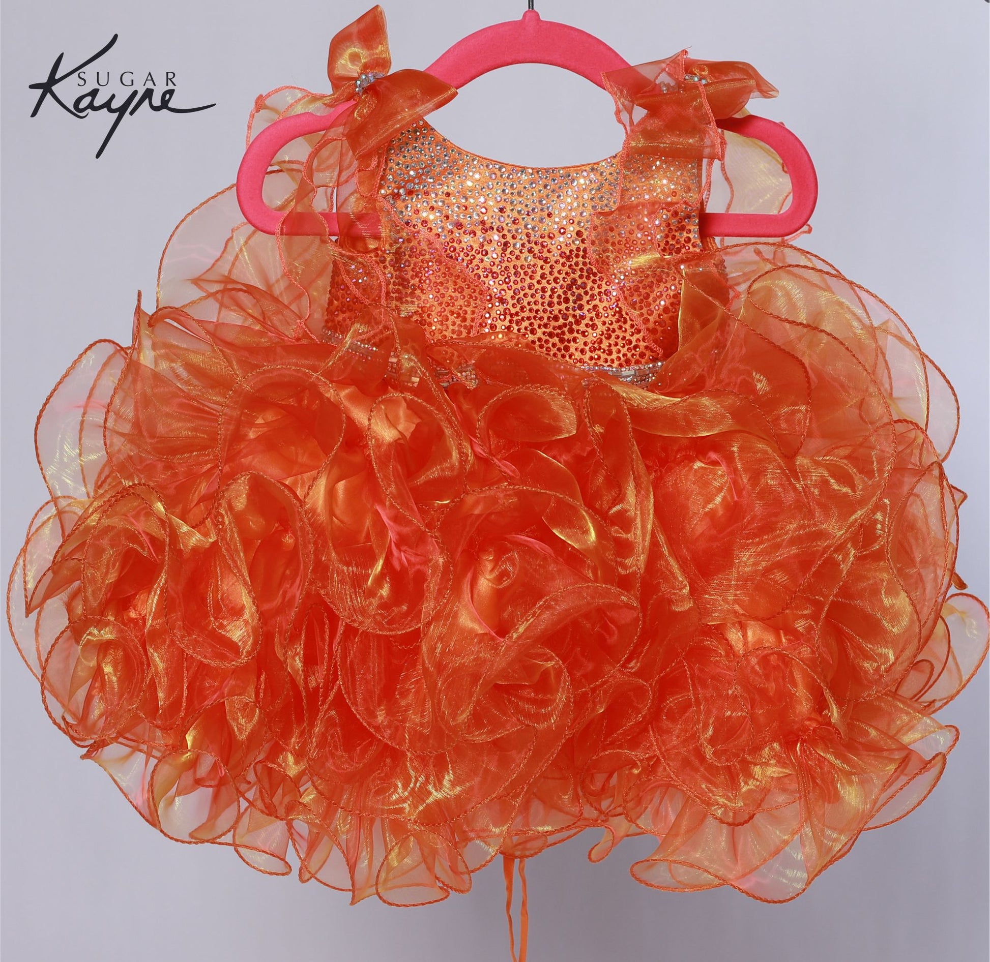 Sugar Kayne C229 Girls Cupcake Pageant Dress Bow Shoulders 12M / Orange