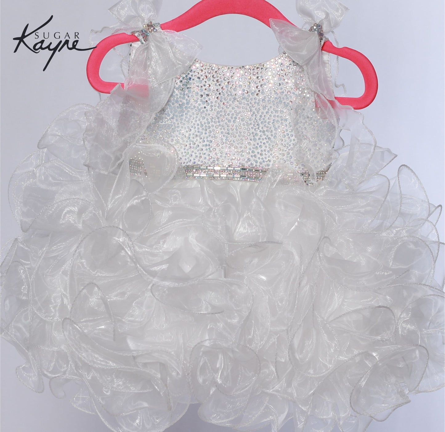 Sugar Kayne C229 White Cupcake Pageant Dress Bow Shoulders