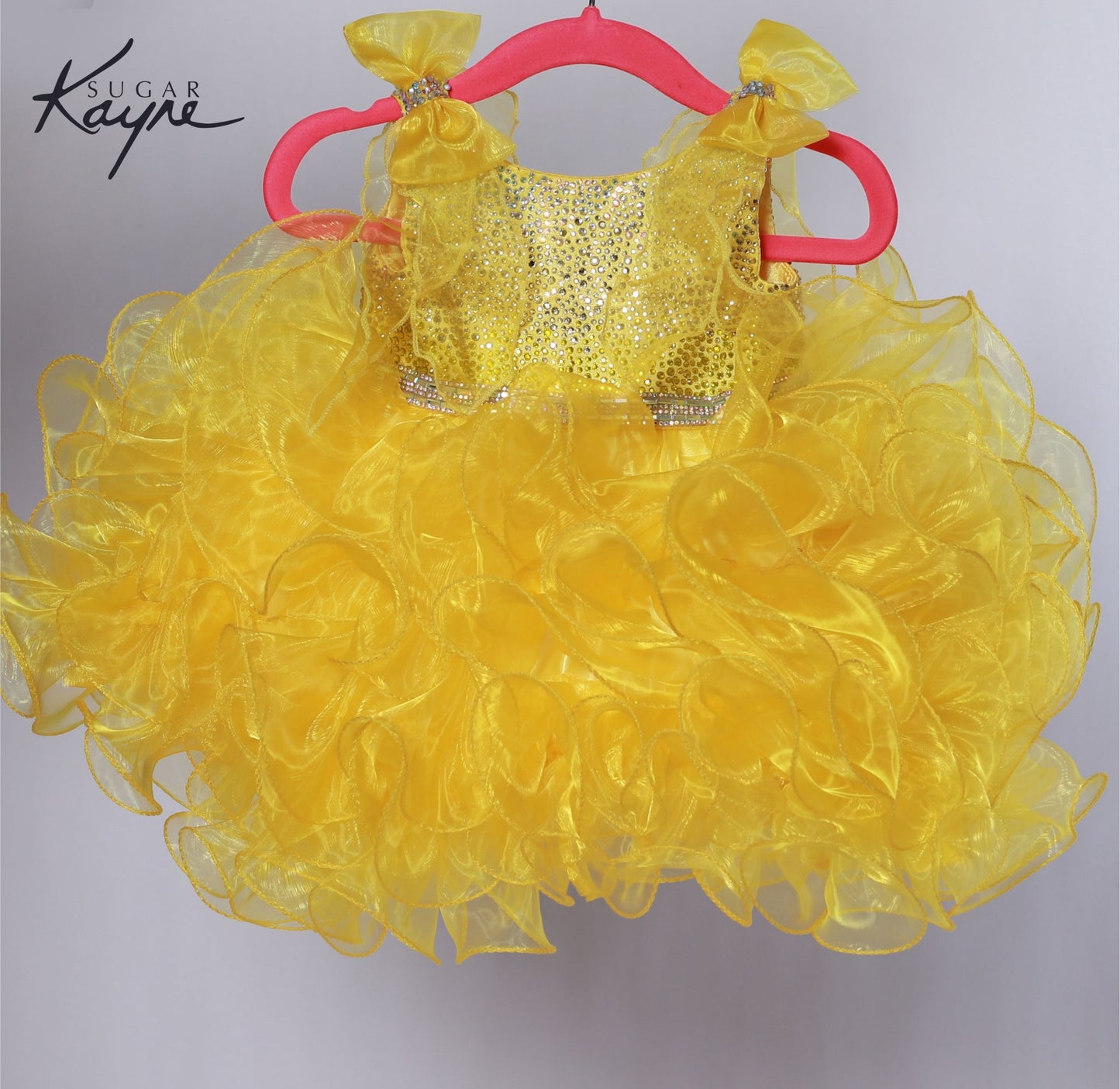 Sugar Kayne C229 yellow Cupcake Pageant Dress Bow Shoulders