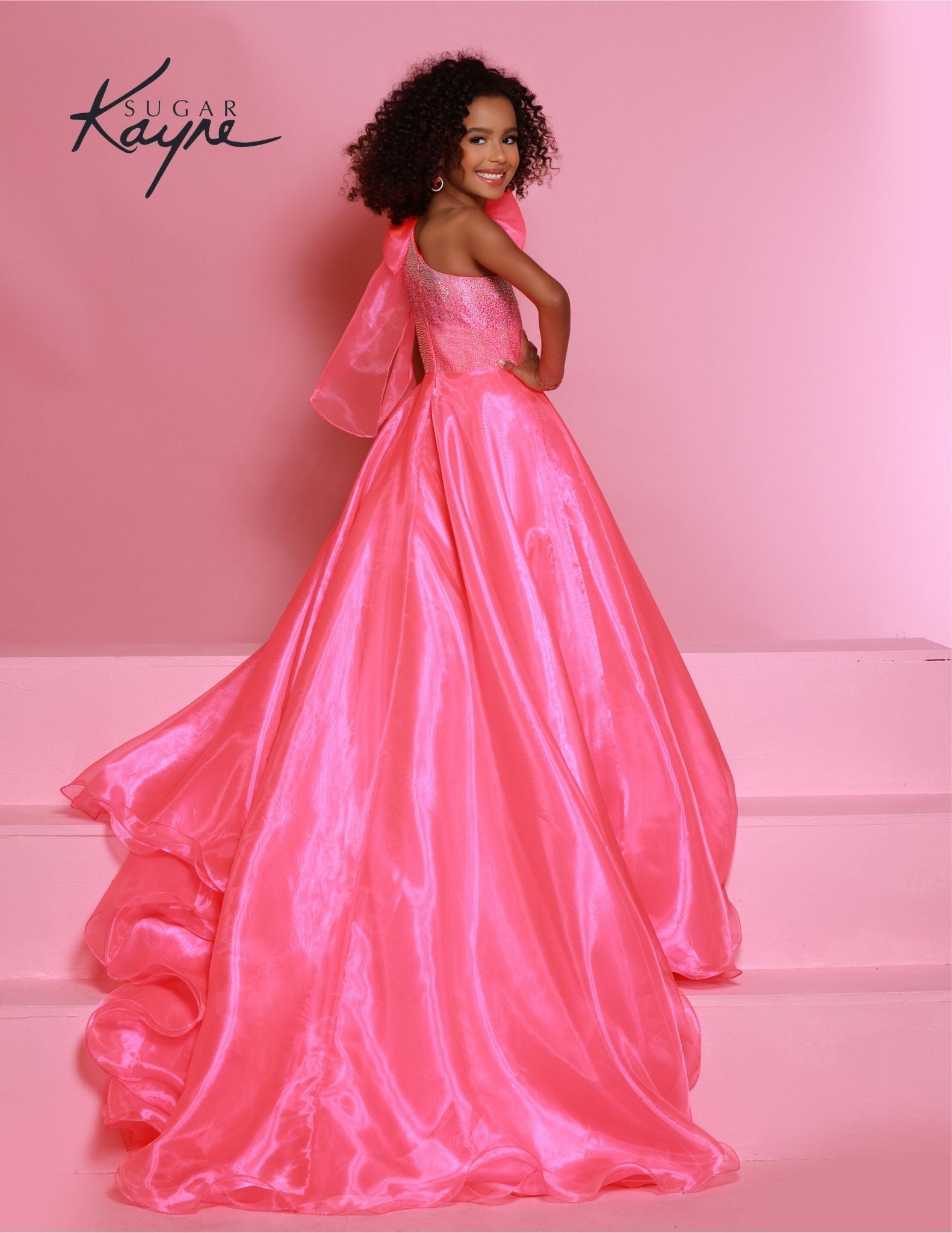 Sugar Kayne C310 Neon Pink Girls and Preteens Pageant Dress Preteens Gown One Shoulder Bow back