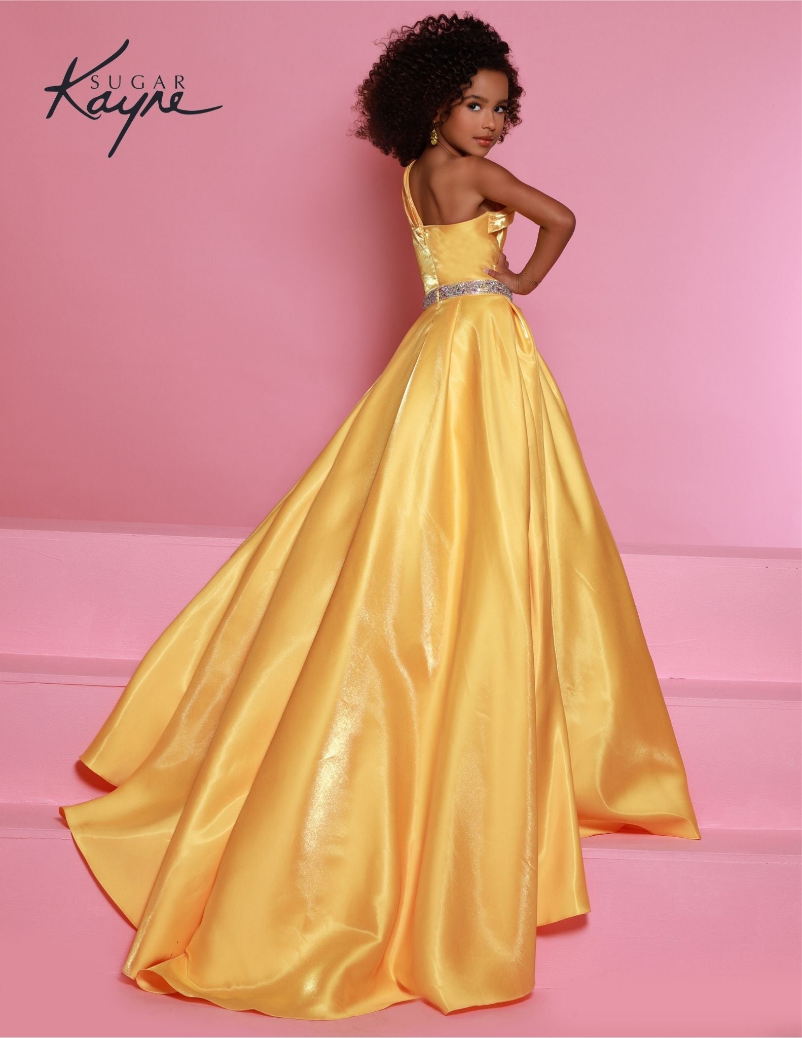 Sugar Kayne C312 Marigold Yellow Girls and Preteens Satin Pageant Dress Long A Line One Shoulder Formal Gown Gathered Bodice