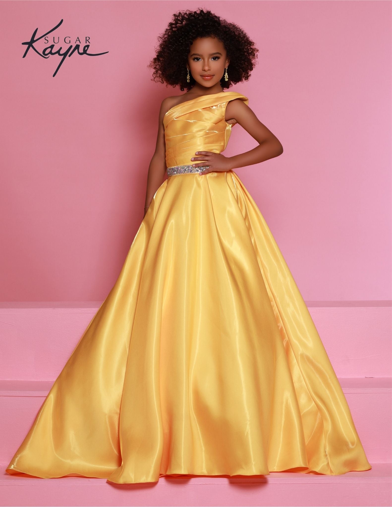 Sugar Kayne C312 Marigold Yellow Girls and Preteens Satin Pageant Dress Long A Line One Shoulder Formal Gown Gathered Bodice