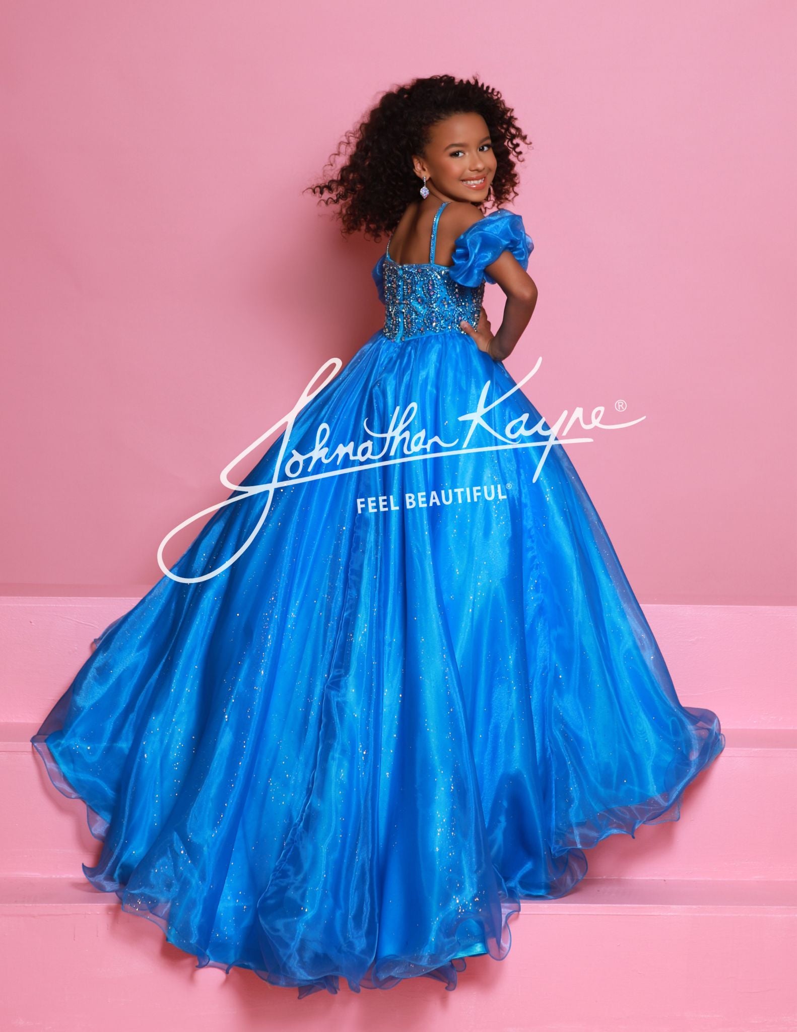 Sugar Kayne C359 Size 4 Capri Blue Girls Pageant Dress Ballgown Puff Sleeves Glitter Tulle Organza Shimmer
