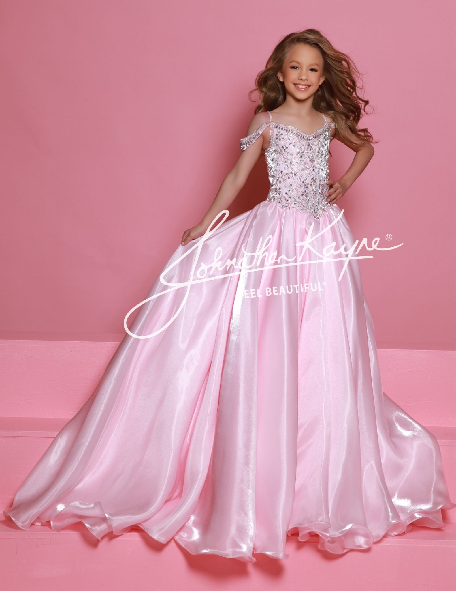 Sugar Kayne C365 Organza Girls Pageant Dress Off the Shoulder Crystal Bodice Formal Gown Baby Pink / 10