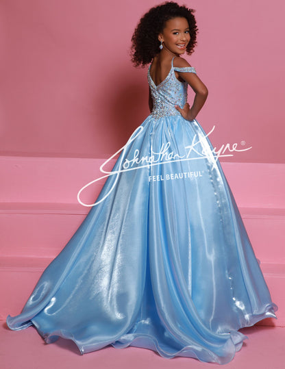 Sugar Kayne C365 Organza Girls Pageant Dress Off the Shoulder Crystal Bodice Formal Gown Sky / 10
