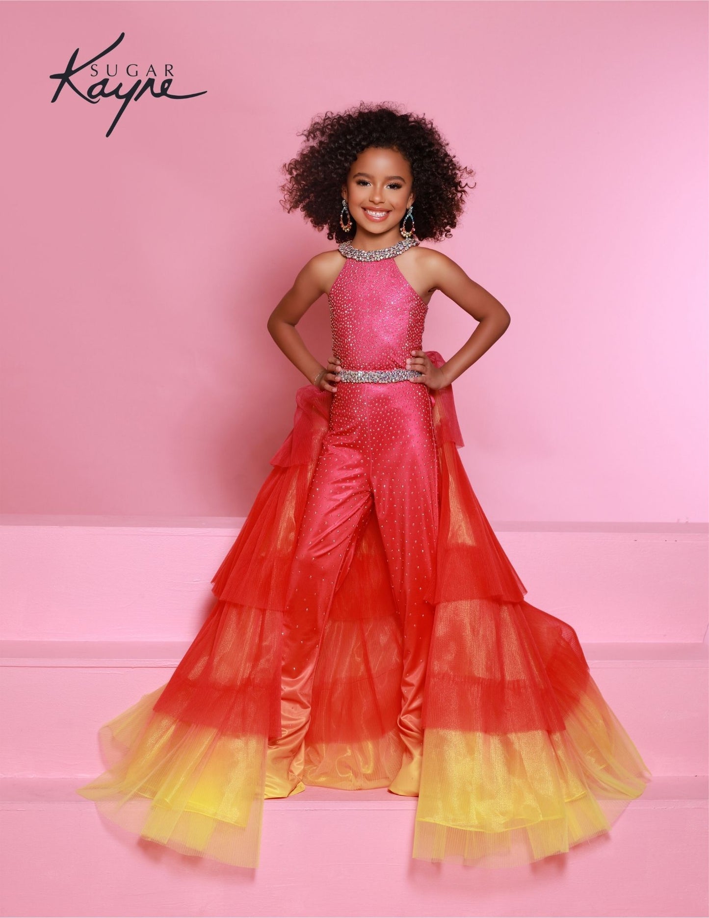 Sugar Kayne C301 Ombre Crystal Girls Pageant Jumpsuit Overskirt Ruffle Fun Fashion Detachable