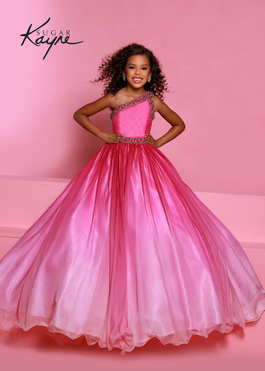 Sugar Kayne C169 size 4 Long girls Pageant Ballgown Ombre One Shoulder Dress Raspberry Ombre