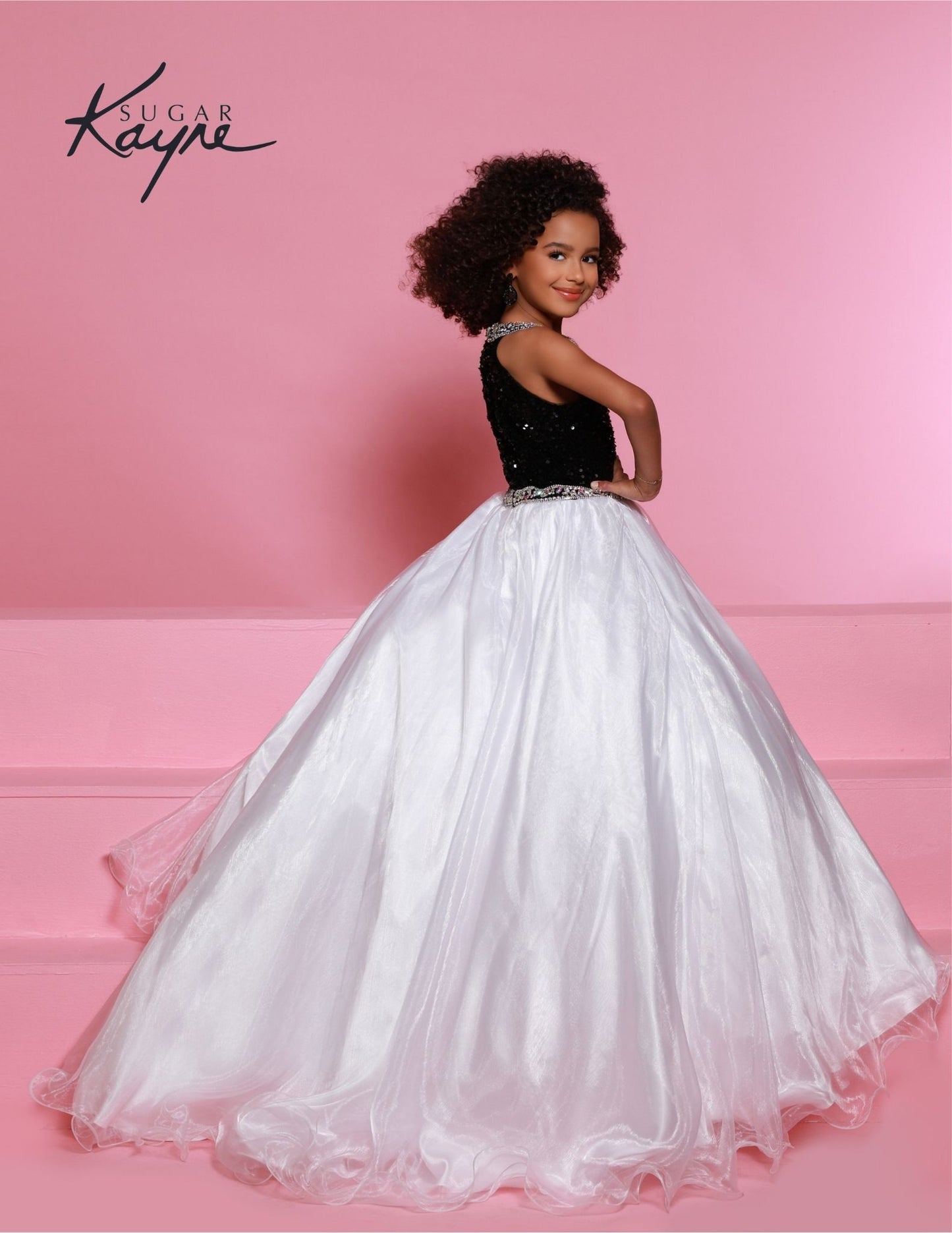 Sugar Kayne C321 Black White Velvet Sequin High neck Girls Pageant Dress Shimmer Ball gown