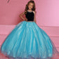 Sugar Kayne C321 Navy Ice Blue Velvet Sequin High neck Girls Pageant Dress Shimmer Ball gown