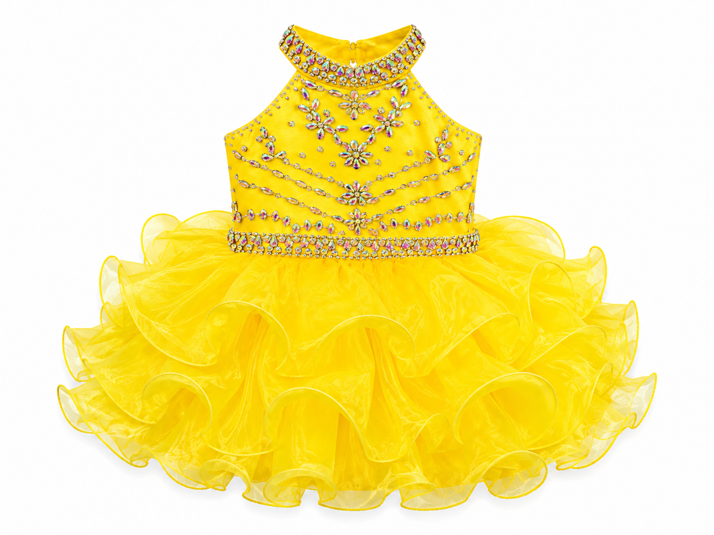 Sugar Kayne C200 Short Ruffle Toddler Girls High Neck Cupcake Corset Pageant Dress Rhinestone&nbsp;

Sizes: 18M

Colors: Canary Yellow