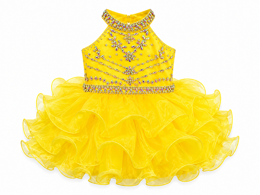Sugar Kayne C200 Short Ruffle Toddler Girls High Neck Cupcake Corset Pageant Dress Rhinestone&nbsp;

Sizes: 18M

Colors: Canary Yellow