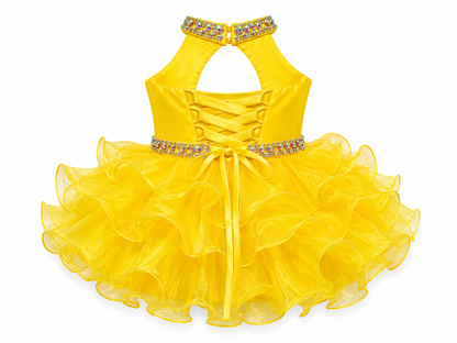 Sugar Kayne C200 Short Ruffle Toddler Girls High Neck Cupcake Corset Pageant Dress Rhinestone&nbsp;

Sizes: 18M

Colors: Canary Yellow