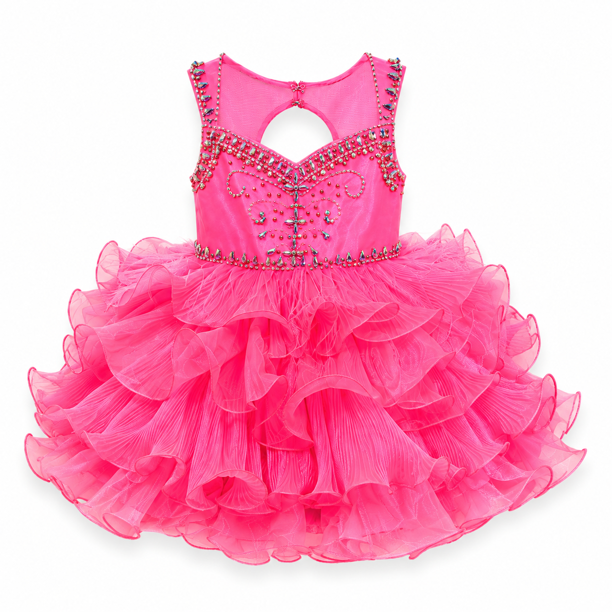 Sugar Kayne C202 Girls Pleated Ruffle Feather Cupcake Pageant Dress Toddle Baby Gown Crystal embellished keyhole cutout back

Sizes: 2T

Colors: Neon Pink
