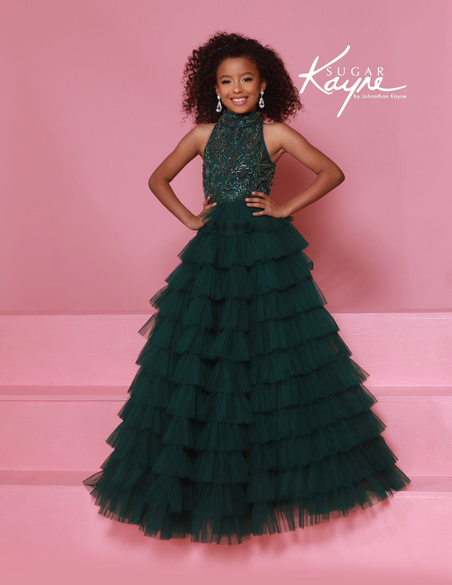 Sugar Kayne C387 Girls Emerald GrPageant Dress Crystal High Neckline Tulle Tiers