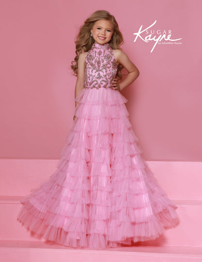 Sugar Kayne C387 Girls Pink Pageant Dress Crystal High Neckline Tulle Tiers