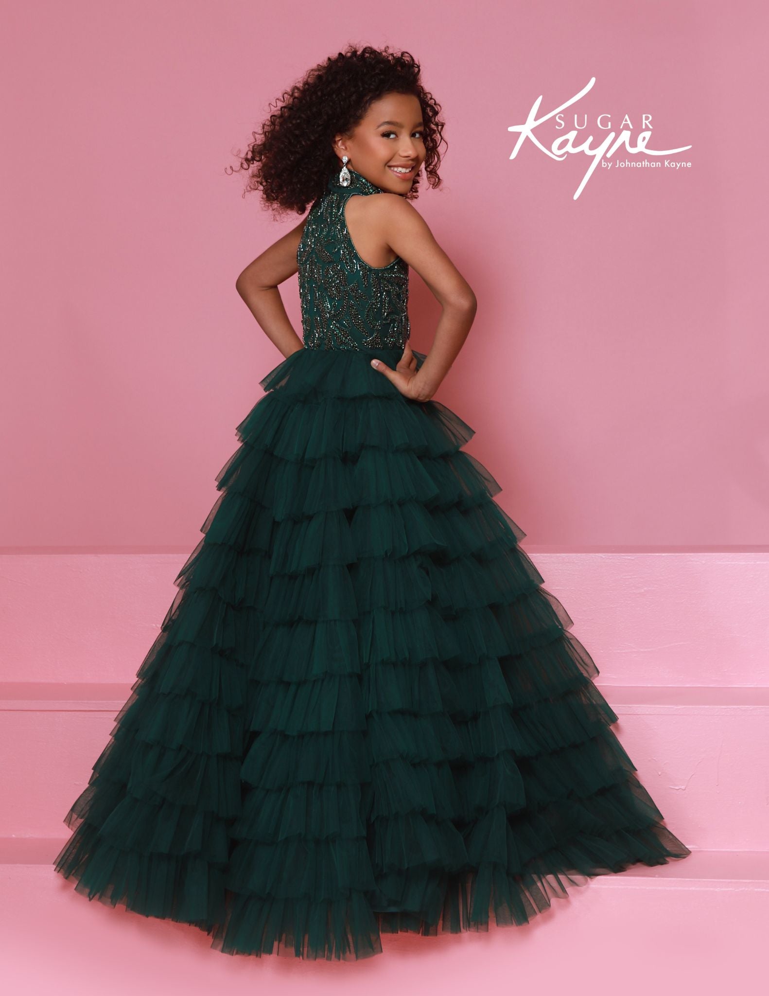 Sugar Kayne C387 Girls Emerald Pageant Dress Crystal High Neckline Tulle Tiers