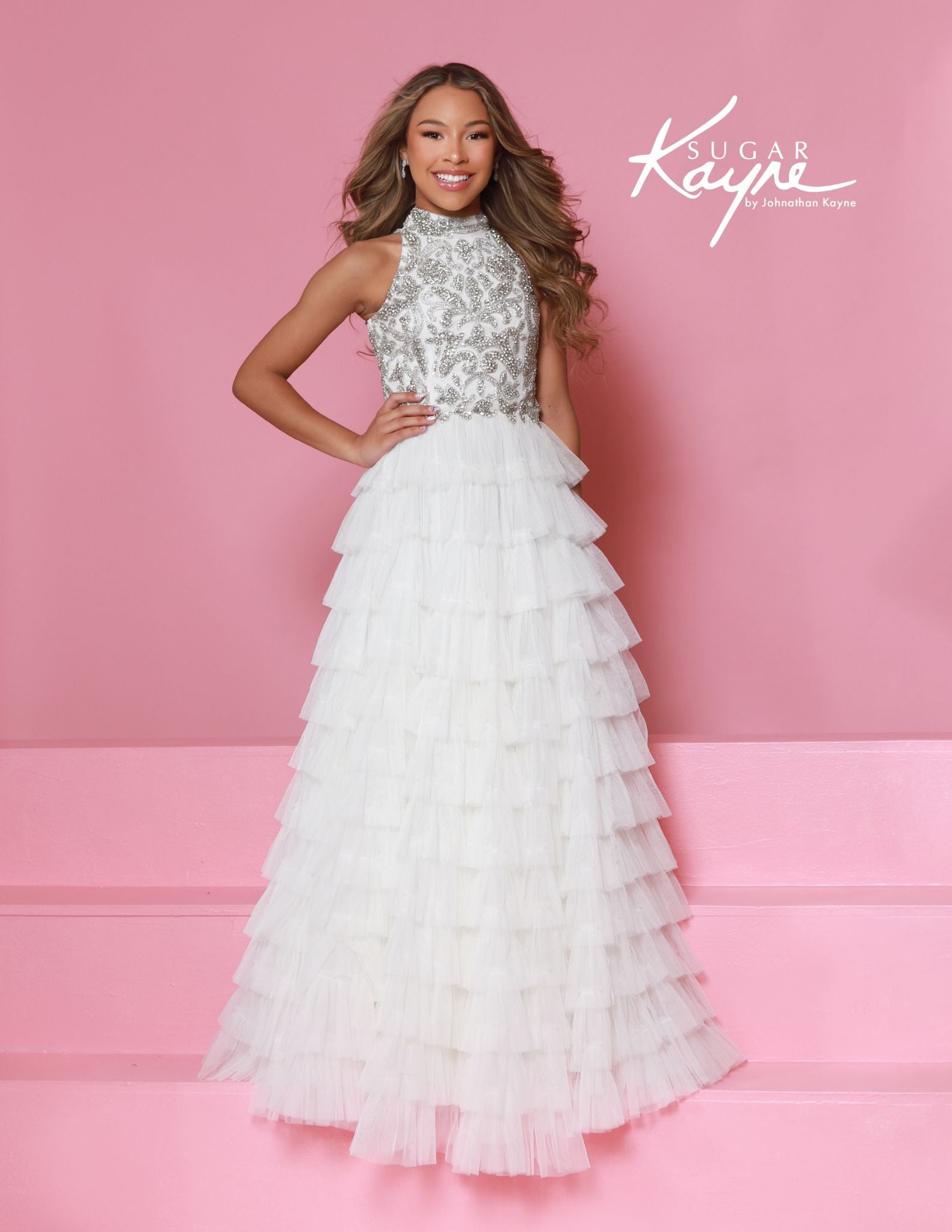 Sugar Kayne C387 Girls White Pageant Dress Crystal High Neckline Tulle Tiers