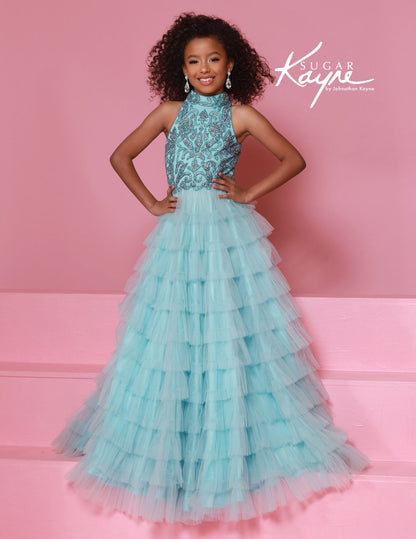 Sugar Kayne C387 Sky Blue Girls Pageant Dress Crystal High Neckline Tulle Tiers