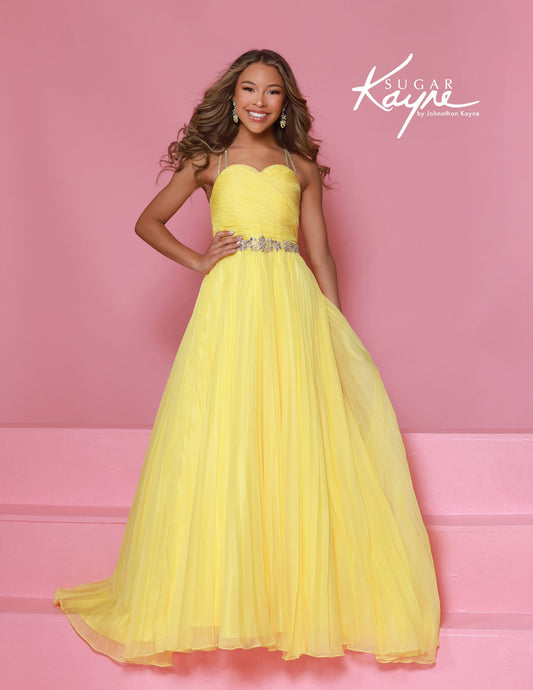 Sugar Kayne C395 Chiffon Girls A Line Pageant Dress High Neckline Cascading Crystal Back

Elevate your young pageant star in the Sugar Kayne C395, a stunning A-line dress crafted from flowing chiffon. The sophisticated sweetheart neckline creates an elegant silhouette, while the breathtaking cascading crystal back catches every spotlight. This showstopping gown combines timeless grace with dazzling details, ensuring your contestant stands out on stage and creates unforgettable moments that judges will remem