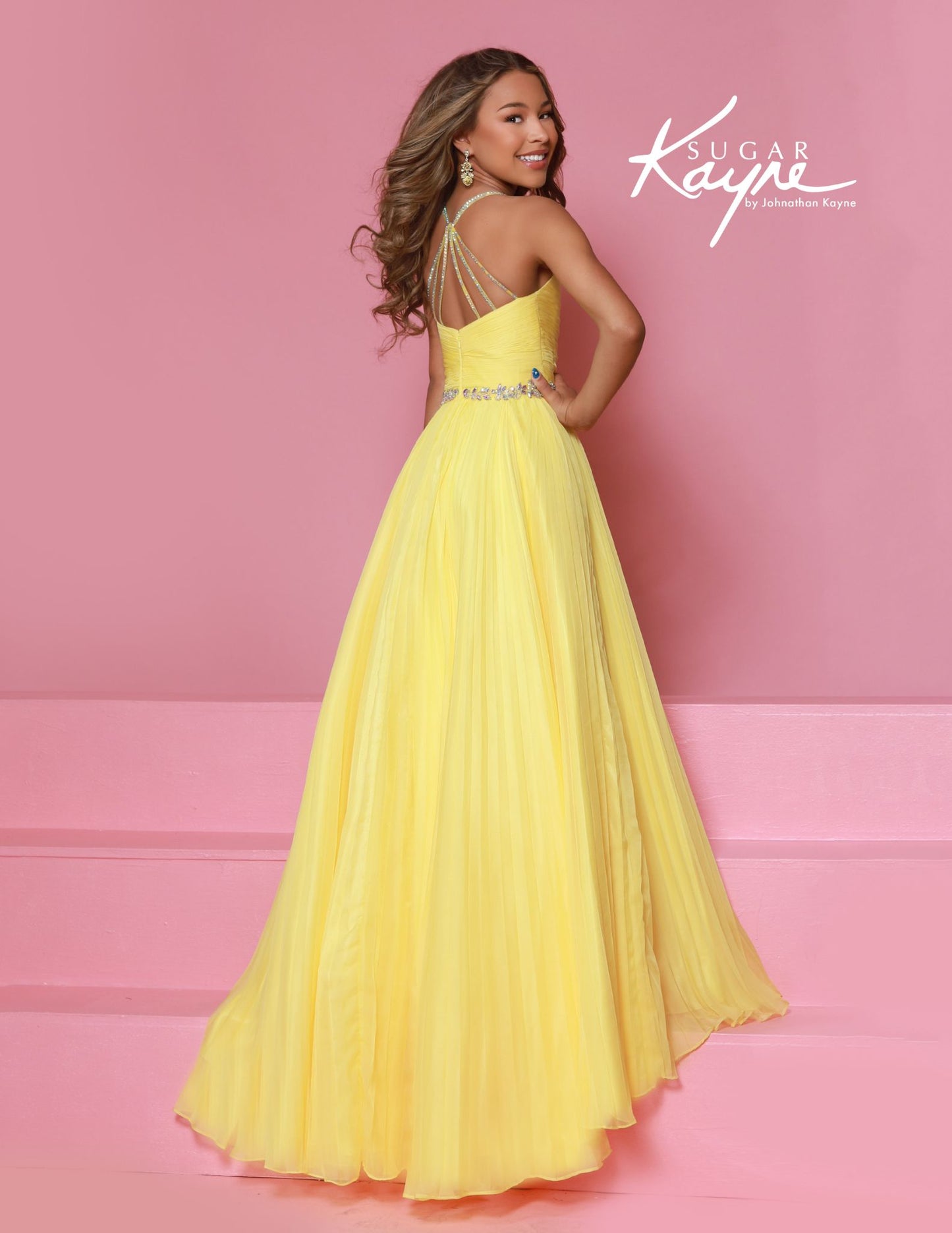 Sugar Kayne C395 Canary Yellow Girls Pageant Dress Cascading Crystal Straps Back