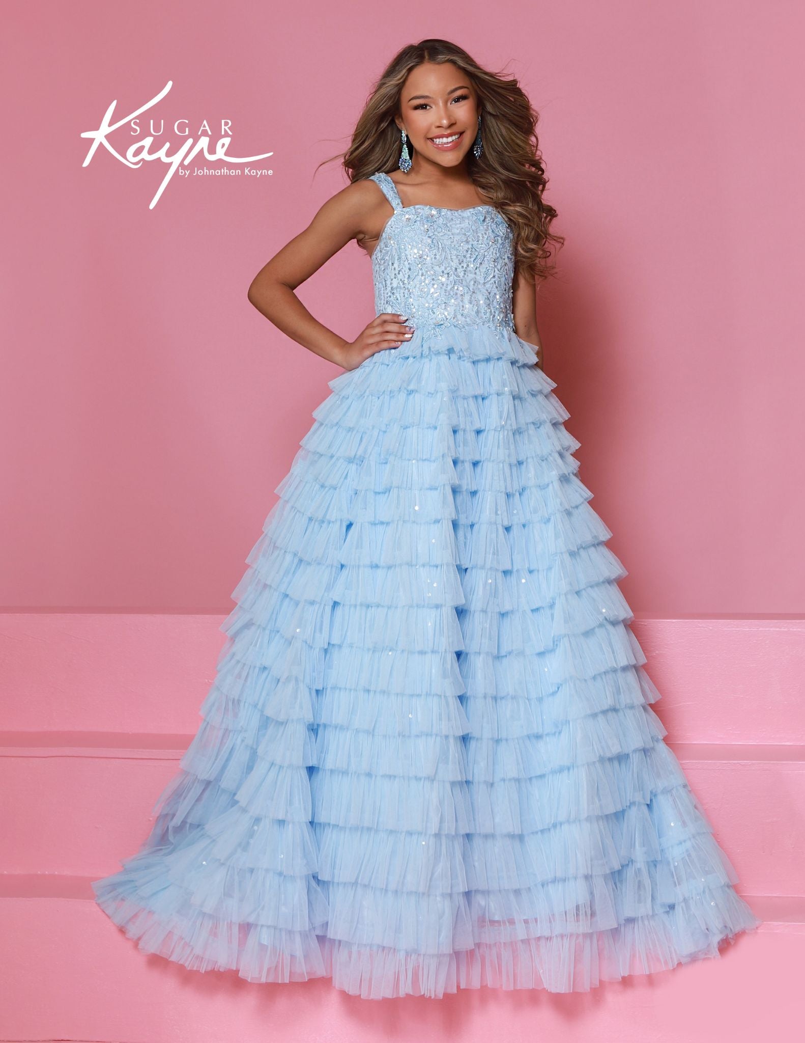 knee length dresses for ladies Pink Rhinestone Halter Layered Girls Pageant Dress