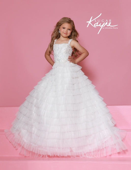 Sugar Kayne C396 Layered Tulle Girls Pageant Dress A Line Ballgown Straight Neckline Crystal

Elevate your young contestant's stage presence with the Sugar Kayne C396 pageant dress. This sophisticated A-line ballgown features luxurious layered tulle construction, creating dramatic volume and movement. The straight neckline provides a modern, elegant frame, while strategic crystal embellishments catch the light with every turn, ensuring judges take notice. Professionally designed for competitive pageantry wi
