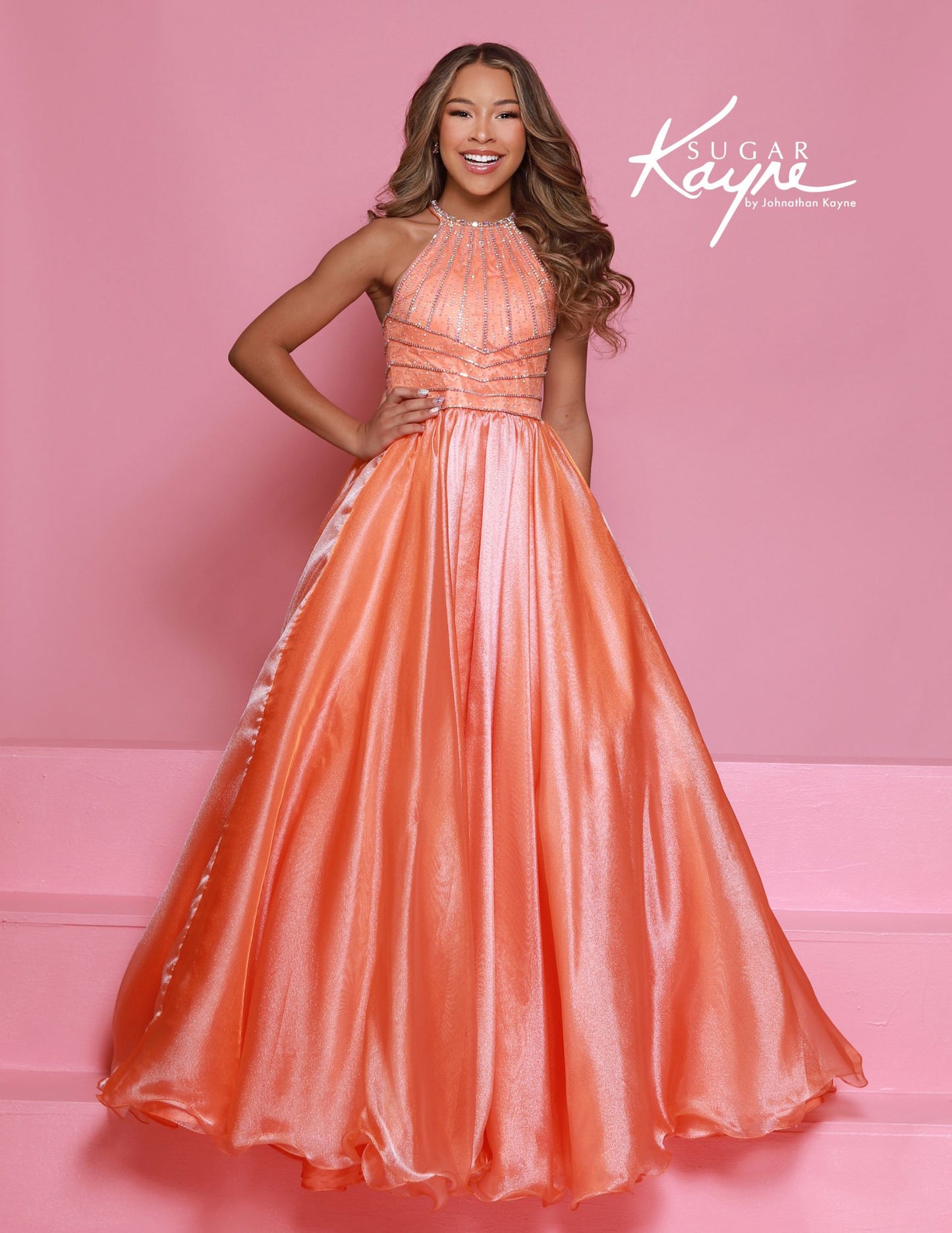 Sugar Kayne C397 Papaya High Neckline Girls Pageant Dress Organza Long Ballgown Beaded Cascading Crystal Straps