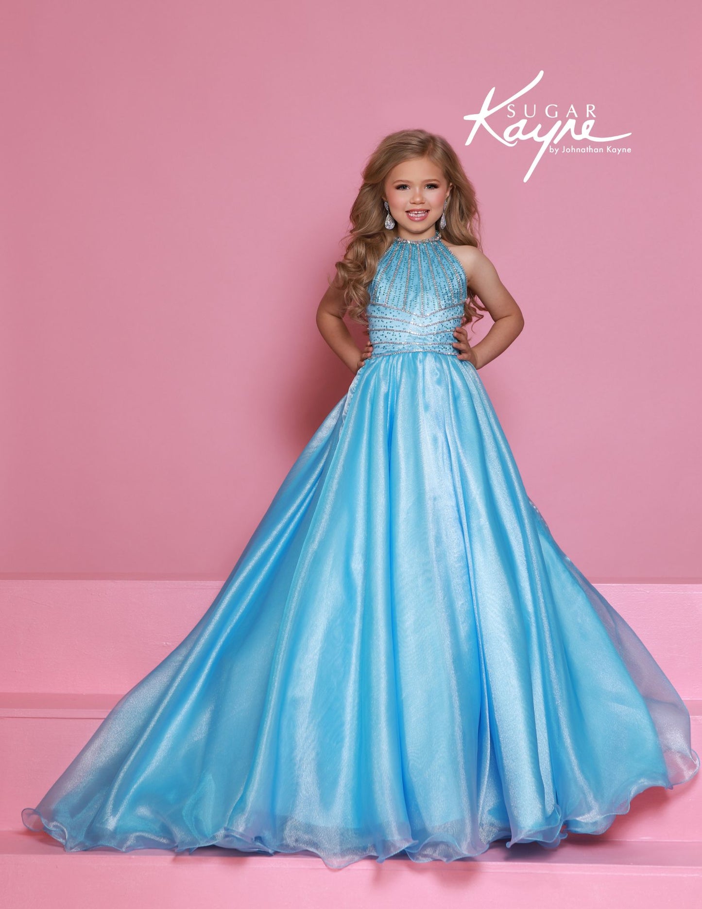 Sugar Kayne C397 Sky Blue High Neckline Girls Pageant Dress Organza Long Ballgown Beaded Cascading Crystal Straps