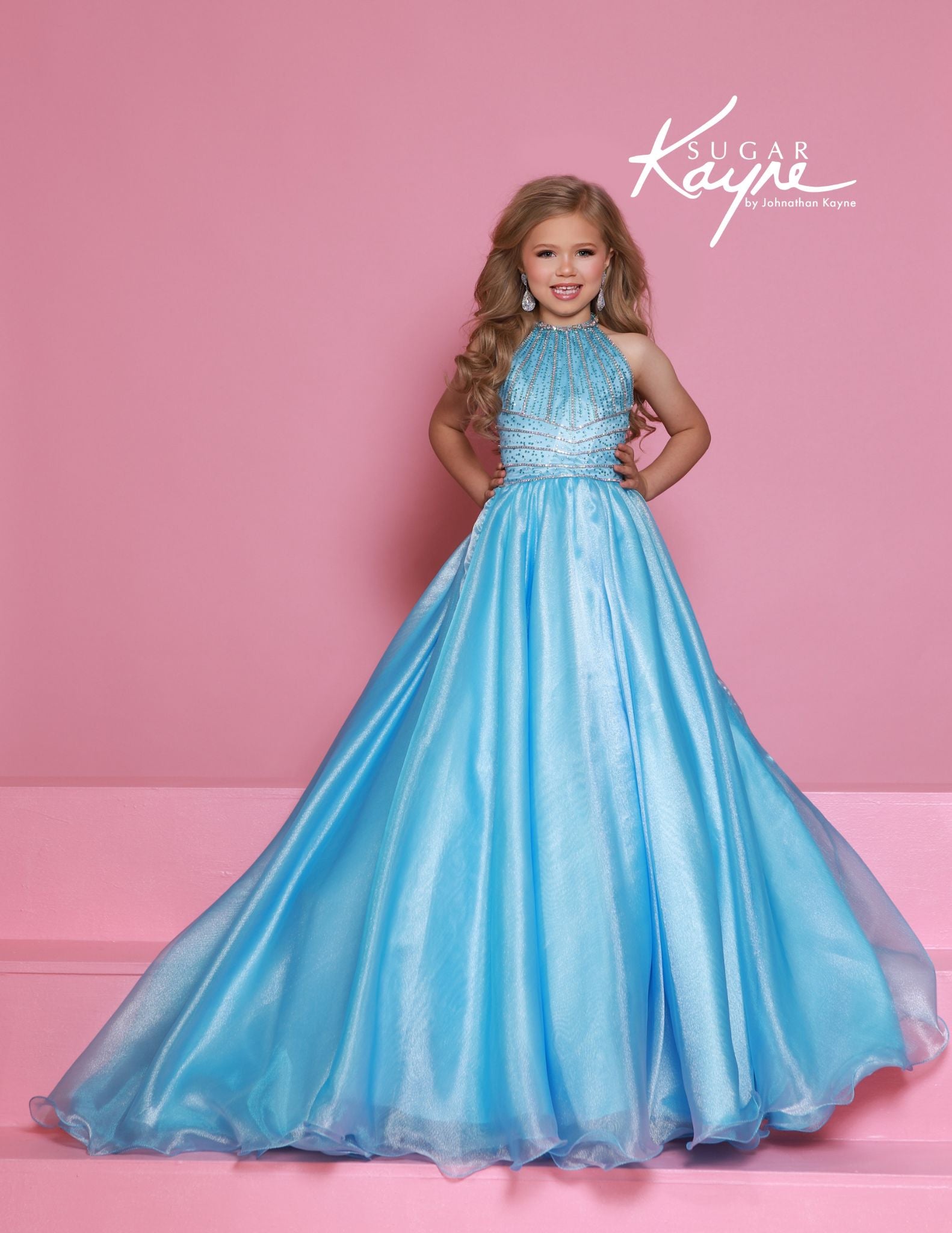 Sugar Kayne C397 Sky Blue High Neckline Girls Pageant Dress Organza Long Ballgown Beaded Cascading Crystal Straps