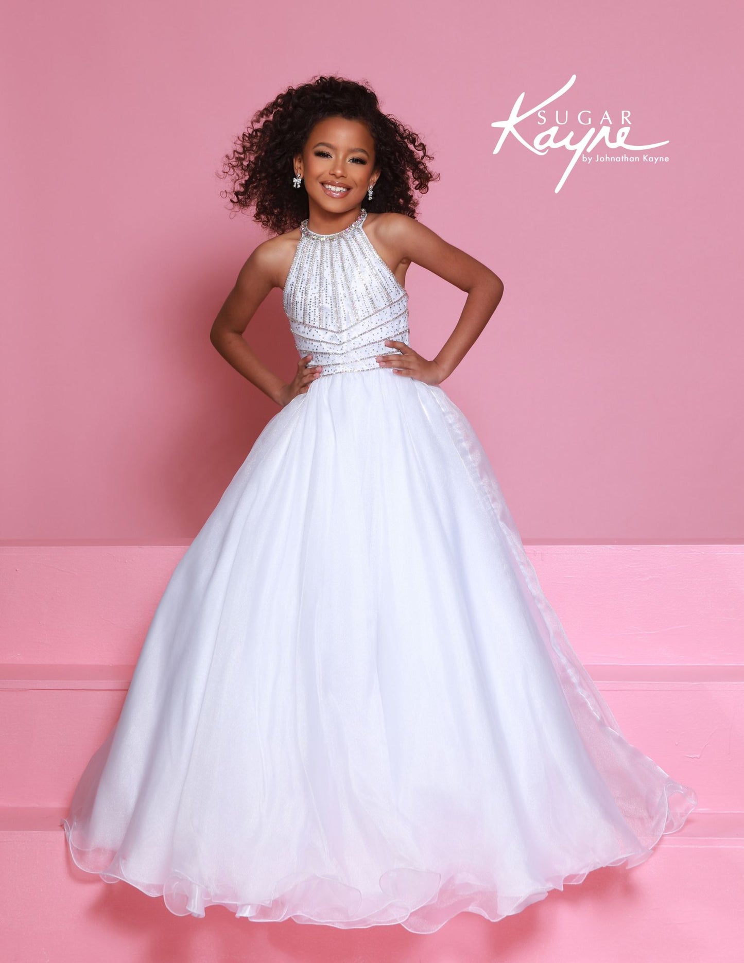Sugar Kayne C397 White High Neckline Girls Pageant Dress Organza Long Ballgown Beaded Cascading Crystal Straps